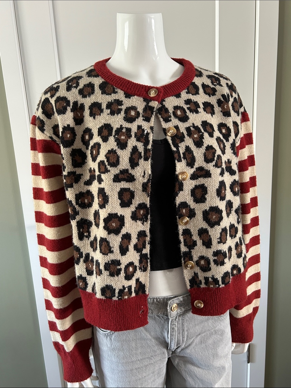 Charfille Oversized Leopard & Stripe Cardigan Sweater – Size Medium - Picture 3 of 10